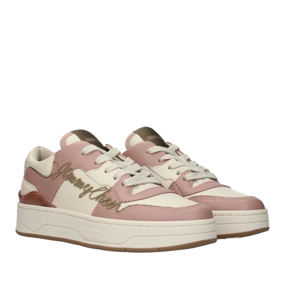 Jimmy Choo Pink & Cream Leather Low-Top Sneakers with Gold Script